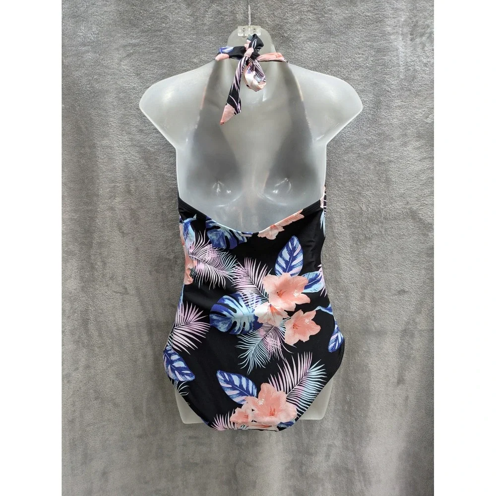 DKNY Swimsuit Womens XL Halter Shirred Floral‎ Print Black One Piece Retail $118 - Picture 2 of 11